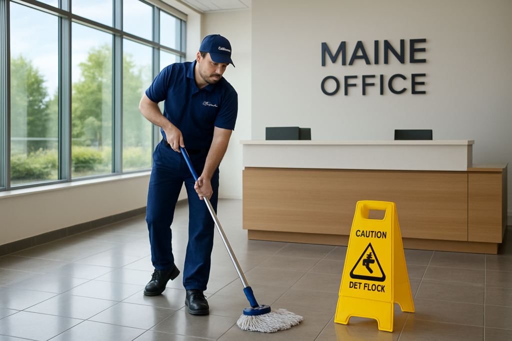 Professional commercial cleaner mopping a polished office lobby floor in Maine, reducing slip-and-fall hazards