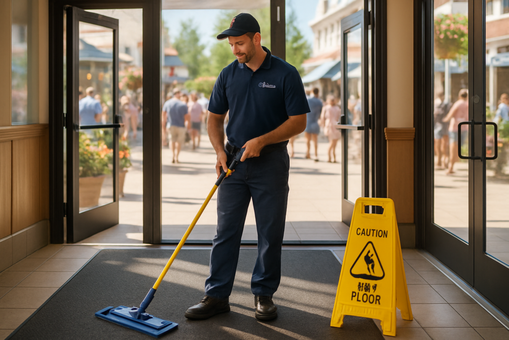 Professional commercial cleaner mopping the entryway of a busy Maine business during summer tourist season