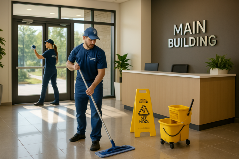 Professional commercial cleaning crew cleaning the lobby and common areas of a multi-tenant office building in Maine