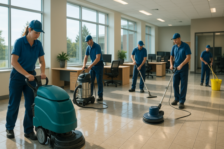 Professional cleaning crew performing a commercial deep clean in a Maine office building before August