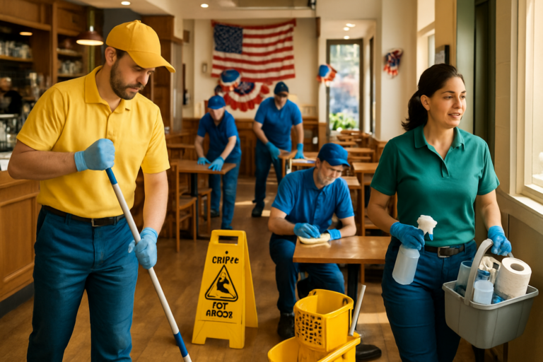 Commercial cleaning crew preparing a Maine business for July 4th holiday weekend foot traffic
