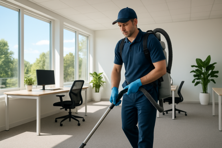 Professional cleaner vacuuming a bright Maine office with large summer windows, improving indoor air quality