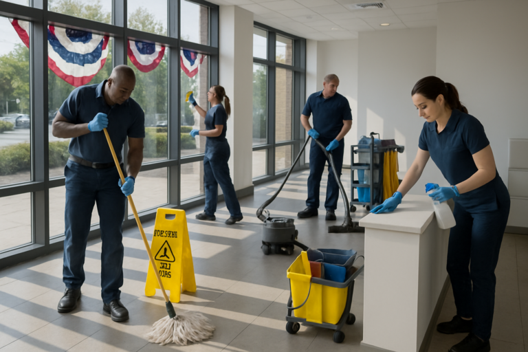Commercial cleaning crew preparing a Maine business lobby for July 4th weekend foot traffic