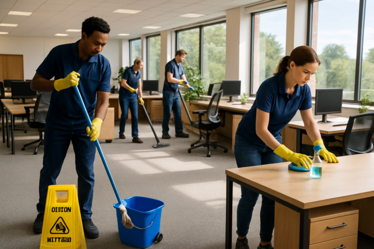 Commercial cleaning crew maintaining a busy Maine business during July summer season