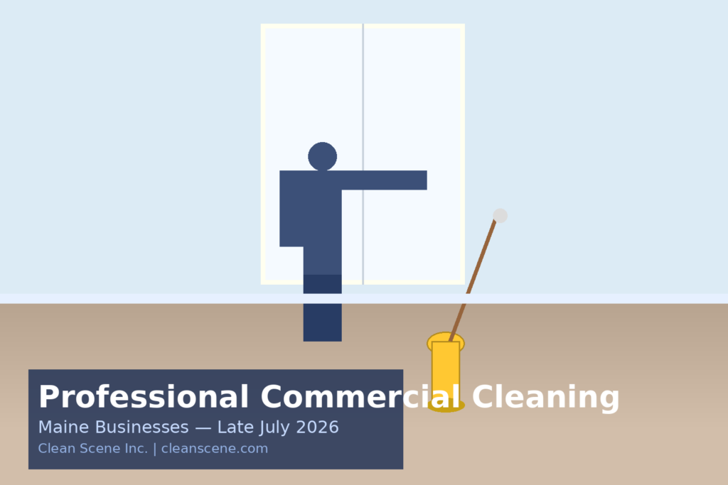 Professional commercial cleaning worker mopping a gleaming Maine business lobby entryway in late July, summer light through glass doors.
