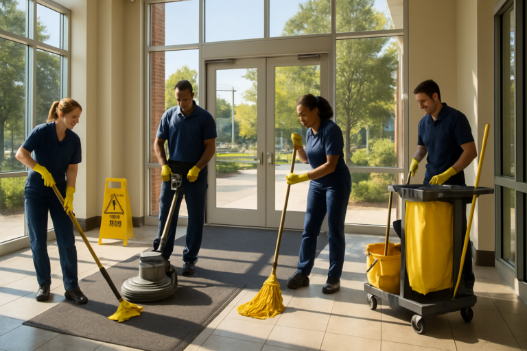 Commercial cleaning crew cleaning a busy Maine business entryway during the summer tourist season