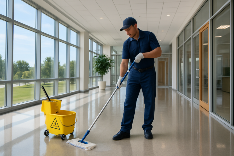 Professional cleaner mopping a bright commercial office floor in summer in Maine, maintaining cleanliness during mid-summer heat