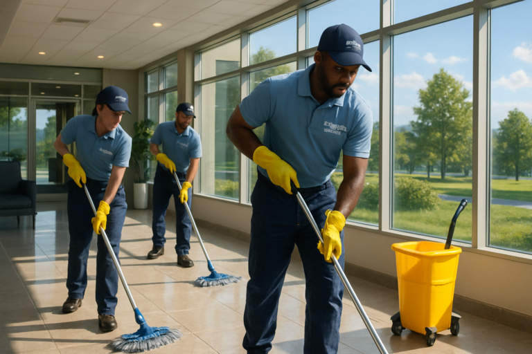 Commercial cleaning crew mopping a bright office lobby floor in a Maine business on a sunny summer day