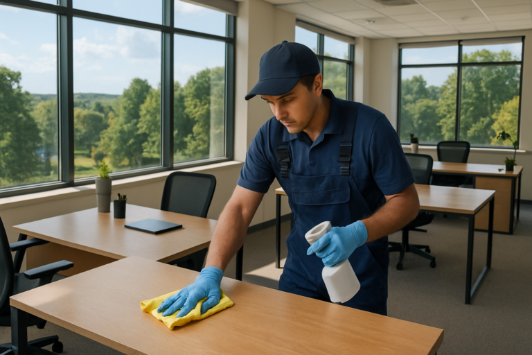 Professional commercial cleaner wiping down an empty office desk in a quiet Maine office building during summer vacation season